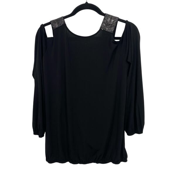 Maurices Black Slinky Knit Top Size Medium Studded Shoulders Cut Out long Sleeve - Picture 2 of 10